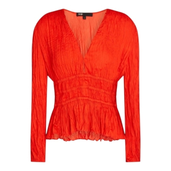 MAJE Peplum Blouse Smock Waist Tomato Red Long Sleeve 2 NWT - Picture 8 of 9